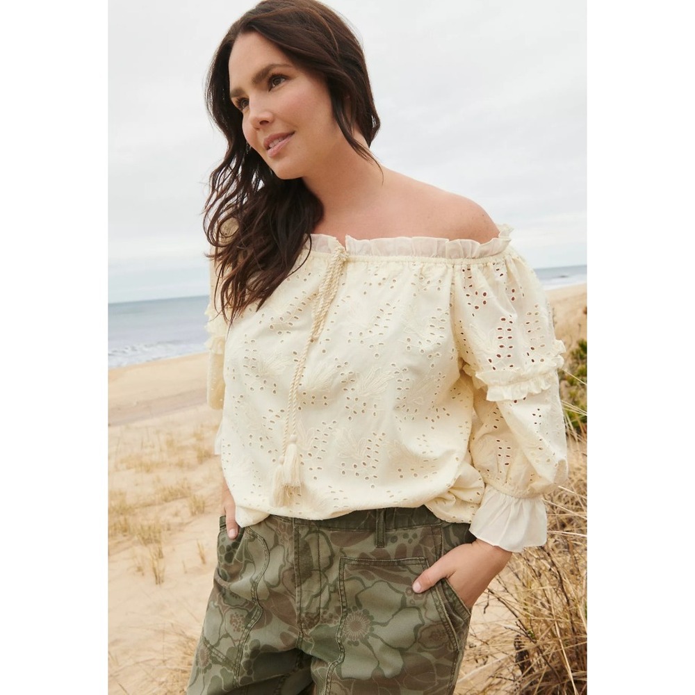 SEEN WORN KEPT Jane Flora Blouse Cream Eyelet Off Shoulder Top Women's 14